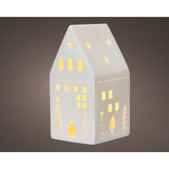 Figura kuće - od porcelana bela sa LED svetlom - 18,8 cm