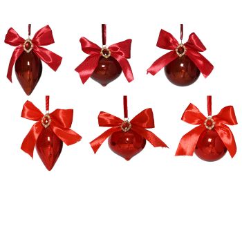 Ukras za jelku - razni oblici stakleni crveni sa dijamantom i satenskom trakom 8 cm - pakovanje 1 kom.