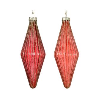 Ukras za jelku - razni oblici stakleni crveni providni rebrasti sa zlatnim gliter ivicama 5 x 14 cm - pakovanje 1 kom.