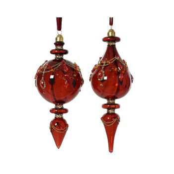 Ukras za jelku - razni oblici stakleni ornament crveni sa dijamantima i perlama 8 x 18 cm - pakovanje 1 kom.