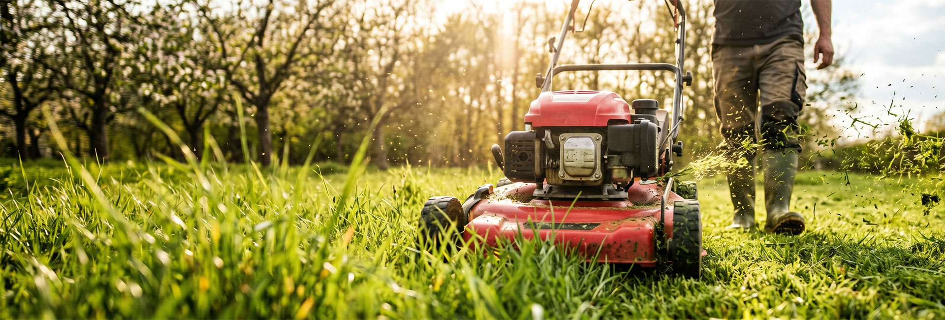Prolećna akcija baštenskih mašina — čovek kosi bujan travnjak u bašti okruženoj rascvetanim drvećem